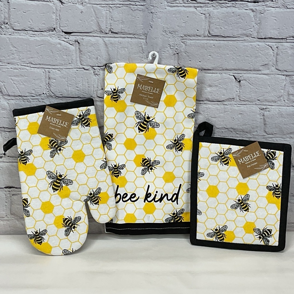 🐝 Bee Theme🐝 Farmhouse Kitchen 3 Pc Set Summer Dish Towel Oven Mitt Pot Holder